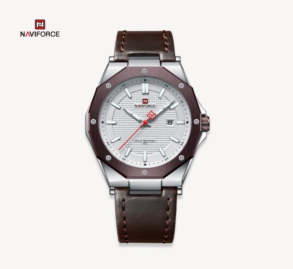 ساعت مچی مردانه نیوی فورس بند چرم رنگ شکلاتی صفحه سفید - naviforce 9200